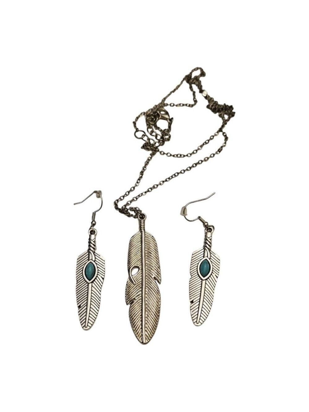 Women's Unbranded Jewelry Set Silver Feather Necklace & Earrings - Picture 2 of 4